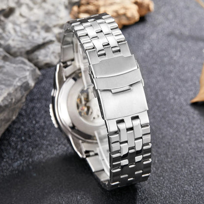 Luxury Silver Gold Automatic Mechanical Watch for Men Full Steel Skeleton Wristwatch Clock Over-Sized Big Dial Relogio Masculino