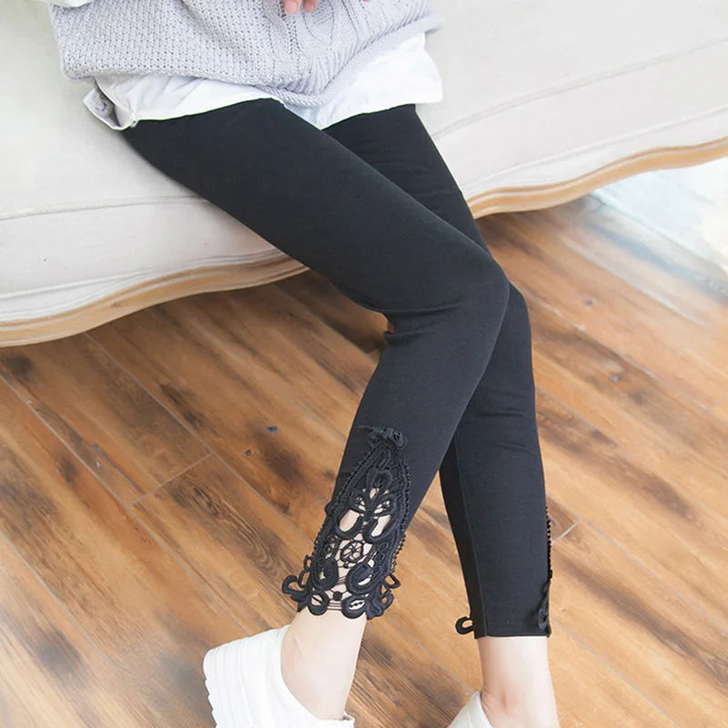 VISNXGI Triangle Hollow Lace Leggings Spandex Pants Knit Women Fitness Cotton Elastic Casual Black Splicing Hook Flower Bottom