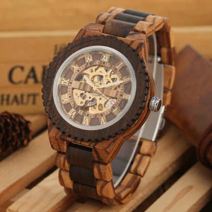 Top Brand Luxury Mens Watches Round Automatic Watch for Men Fashion Wood Clock Adjustable Wooden Bracelet Mechanical Wristwatch