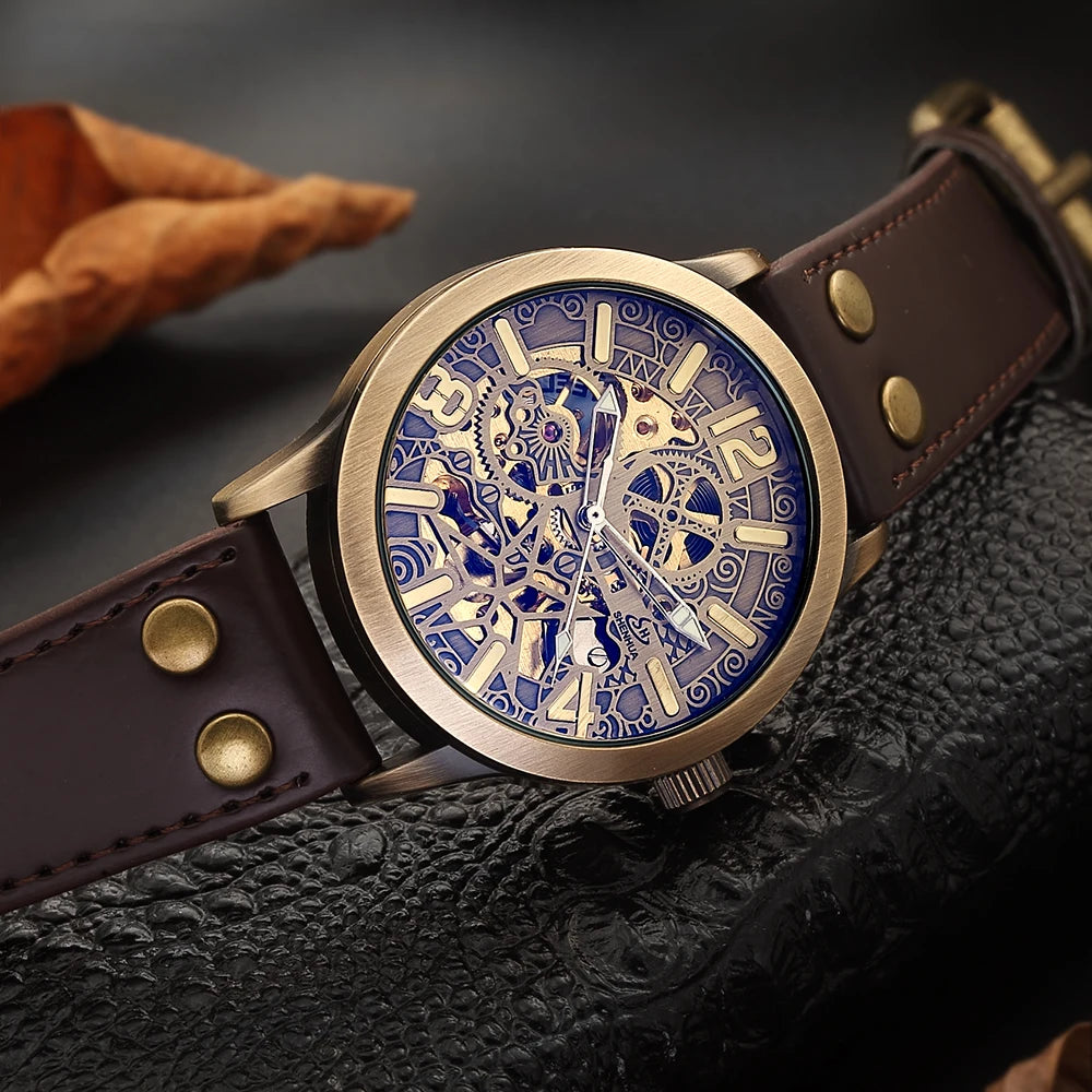 Retro Style Men Automatic Mechanical Watch Skeleton Steampunk Genuine Leather Band Mens Self Winding Wrist Watches Men Reloj