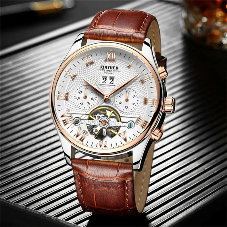 KINYUED Tourbillon Men Watches Fashion Business Automatic Mechanical Watch Men Casual Leather Waterproof Watch Relogio Masculino