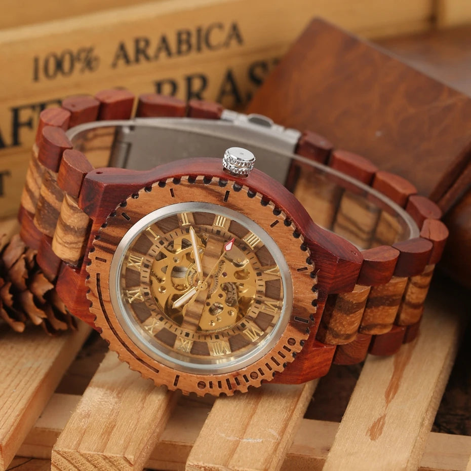 Top Brand Luxury Mens Watches Round Automatic Watch for Men Fashion Wood Clock Adjustable Wooden Bracelet Mechanical Wristwatch