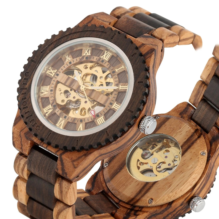 Top Brand Luxury Mens Watches Round Automatic Watch for Men Fashion Wood Clock Adjustable Wooden Bracelet Mechanical Wristwatch