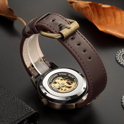 Retro Style Men Automatic Mechanical Watch Skeleton Steampunk Genuine Leather Band Mens Self Winding Wrist Watches Men Reloj