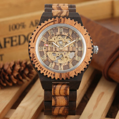 Top Brand Luxury Mens Watches Round Automatic Watch for Men Fashion Wood Clock Adjustable Wooden Bracelet Mechanical Wristwatch