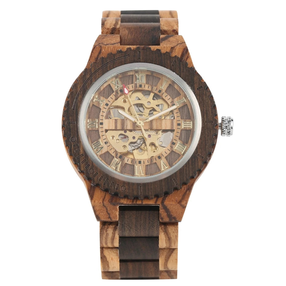 Top Brand Luxury Mens Watches Round Automatic Watch for Men Fashion Wood Clock Adjustable Wooden Bracelet Mechanical Wristwatch