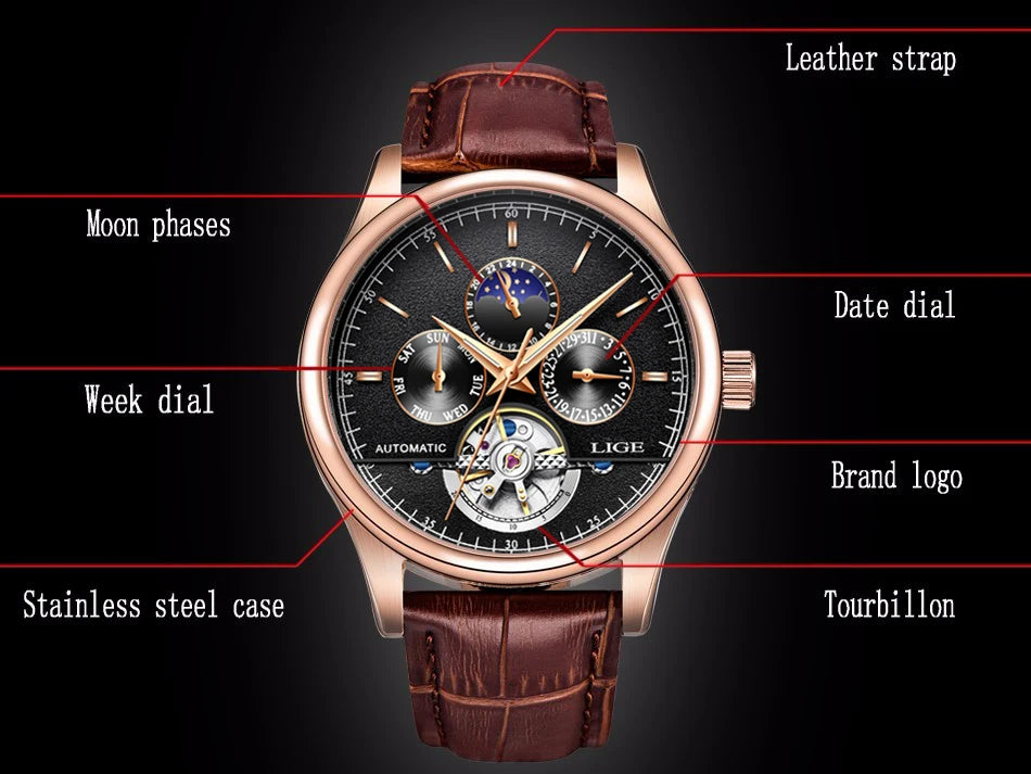 2024 LIGE Mens Watches Automatic Mechanical Watch Tourbillon Sport Clock Leather Casual Business Retro Wristwatch Relojes Hombre