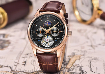 2024 LIGE Mens Watches Automatic Mechanical Watch Tourbillon Sport Clock Leather Casual Business Retro Wristwatch Relojes Hombre