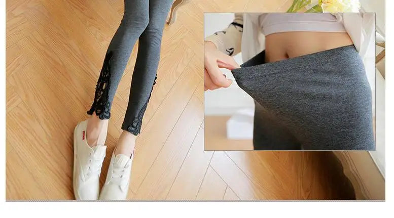 VISNXGI Triangle Hollow Lace Leggings Spandex Pants Knit Women Fitness Cotton Elastic Casual Black Splicing Hook Flower Bottom