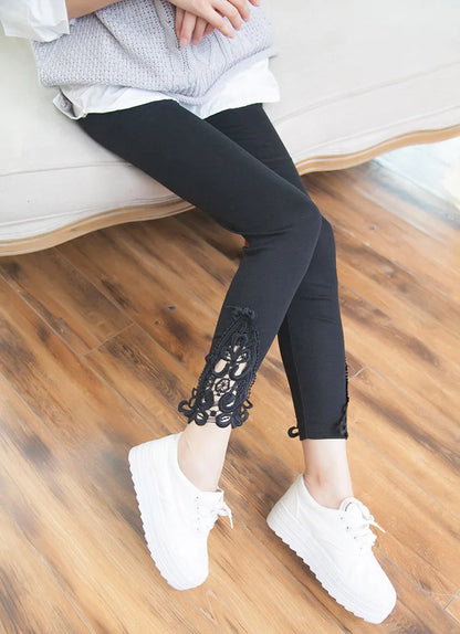 VISNXGI Triangle Hollow Lace Leggings Spandex Pants Knit Women Fitness Cotton Elastic Casual Black Splicing Hook Flower Bottom