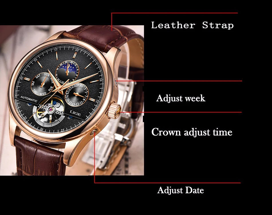 2024 LIGE Mens Watches Automatic Mechanical Watch Tourbillon Sport Clock Leather Casual Business Retro Wristwatch Relojes Hombre