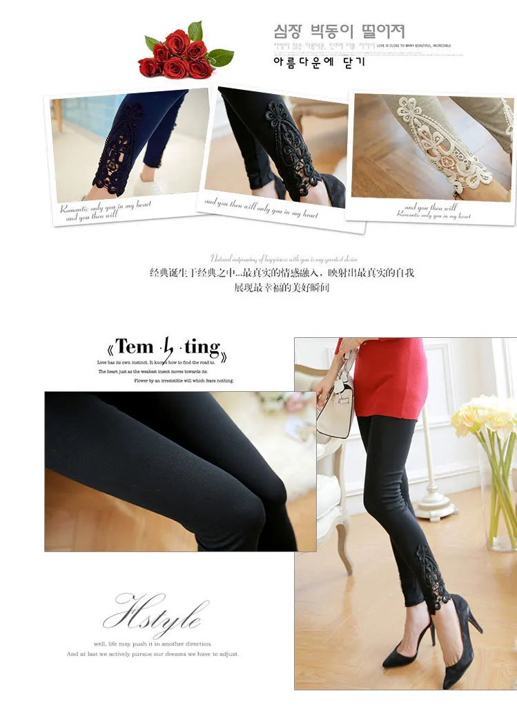 VISNXGI Triangle Hollow Lace Leggings Spandex Pants Knit Women Fitness Cotton Elastic Casual Black Splicing Hook Flower Bottom