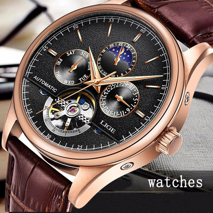 2024 LIGE Mens Watches Automatic Mechanical Watch Tourbillon Sport Clock Leather Casual Business Retro Wristwatch Relojes Hombre