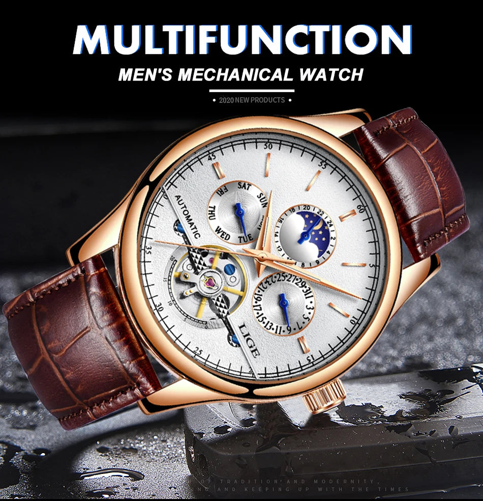 2024 LIGE Mens Watches Automatic Mechanical Watch Tourbillon Sport Clock Leather Casual Business Retro Wristwatch Relojes Hombre