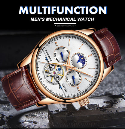 2024 LIGE Mens Watches Automatic Mechanical Watch Tourbillon Sport Clock Leather Casual Business Retro Wristwatch Relojes Hombre