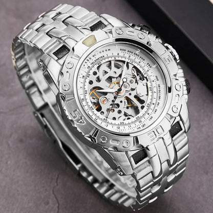 Luxury Silver Gold Automatic Mechanical Watch for Men Full Steel Skeleton Wristwatch Clock Over-Sized Big Dial Relogio Masculino