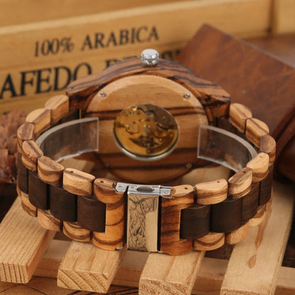 Top Brand Luxury Mens Watches Round Automatic Watch for Men Fashion Wood Clock Adjustable Wooden Bracelet Mechanical Wristwatch