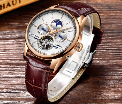 2024 LIGE Mens Watches Automatic Mechanical Watch Tourbillon Sport Clock Leather Casual Business Retro Wristwatch Relojes Hombre