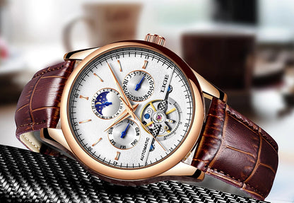 2024 LIGE Mens Watches Automatic Mechanical Watch Tourbillon Sport Clock Leather Casual Business Retro Wristwatch Relojes Hombre