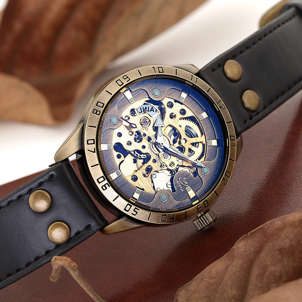 Retro Style Men Automatic Mechanical Watch Skeleton Steampunk Genuine Leather Band Mens Self Winding Wrist Watches Men Reloj