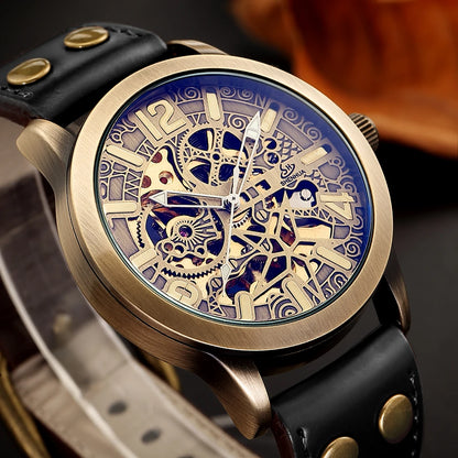 Retro Style Men Automatic Mechanical Watch Skeleton Steampunk Genuine Leather Band Mens Self Winding Wrist Watches Men Reloj