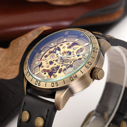 Retro Style Men Automatic Mechanical Watch Skeleton Steampunk Genuine Leather Band Mens Self Winding Wrist Watches Men Reloj