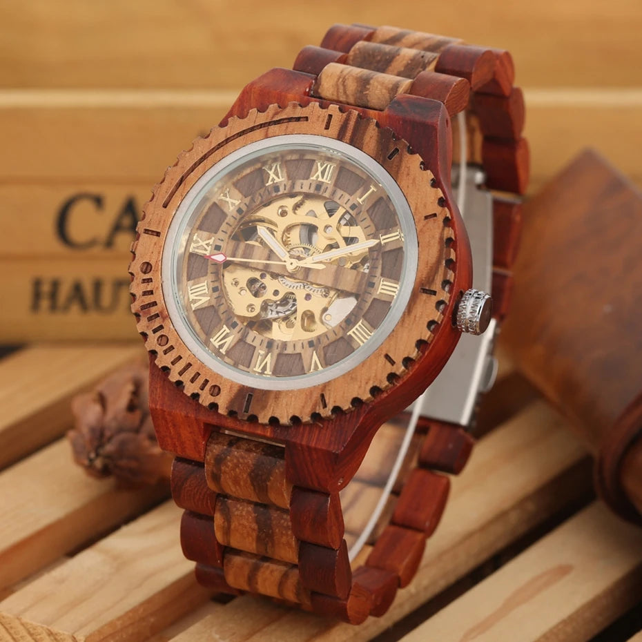 Top Brand Luxury Mens Watches Round Automatic Watch for Men Fashion Wood Clock Adjustable Wooden Bracelet Mechanical Wristwatch