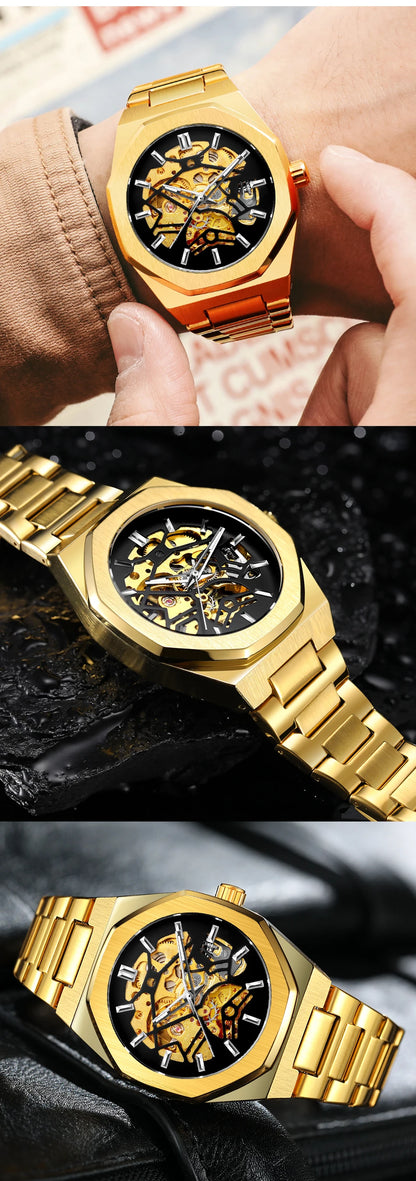 Forsining Top Brands Mechanical Men Watch Fashion Casual Skeleton Hollow Out Waterproof Stainless Steel Strap Male Wristwatch