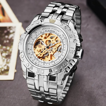 Luxury Silver Gold Automatic Mechanical Watch for Men Full Steel Skeleton Wristwatch Clock Over-Sized Big Dial Relogio Masculino