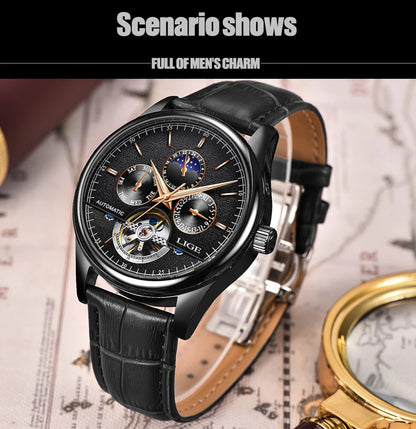 2024 LIGE Mens Watches Automatic Mechanical Watch Tourbillon Sport Clock Leather Casual Business Retro Wristwatch Relojes Hombre