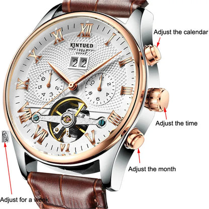 KINYUED Tourbillon Men Watches Fashion Business Automatic Mechanical Watch Men Casual Leather Waterproof Watch Relogio Masculino