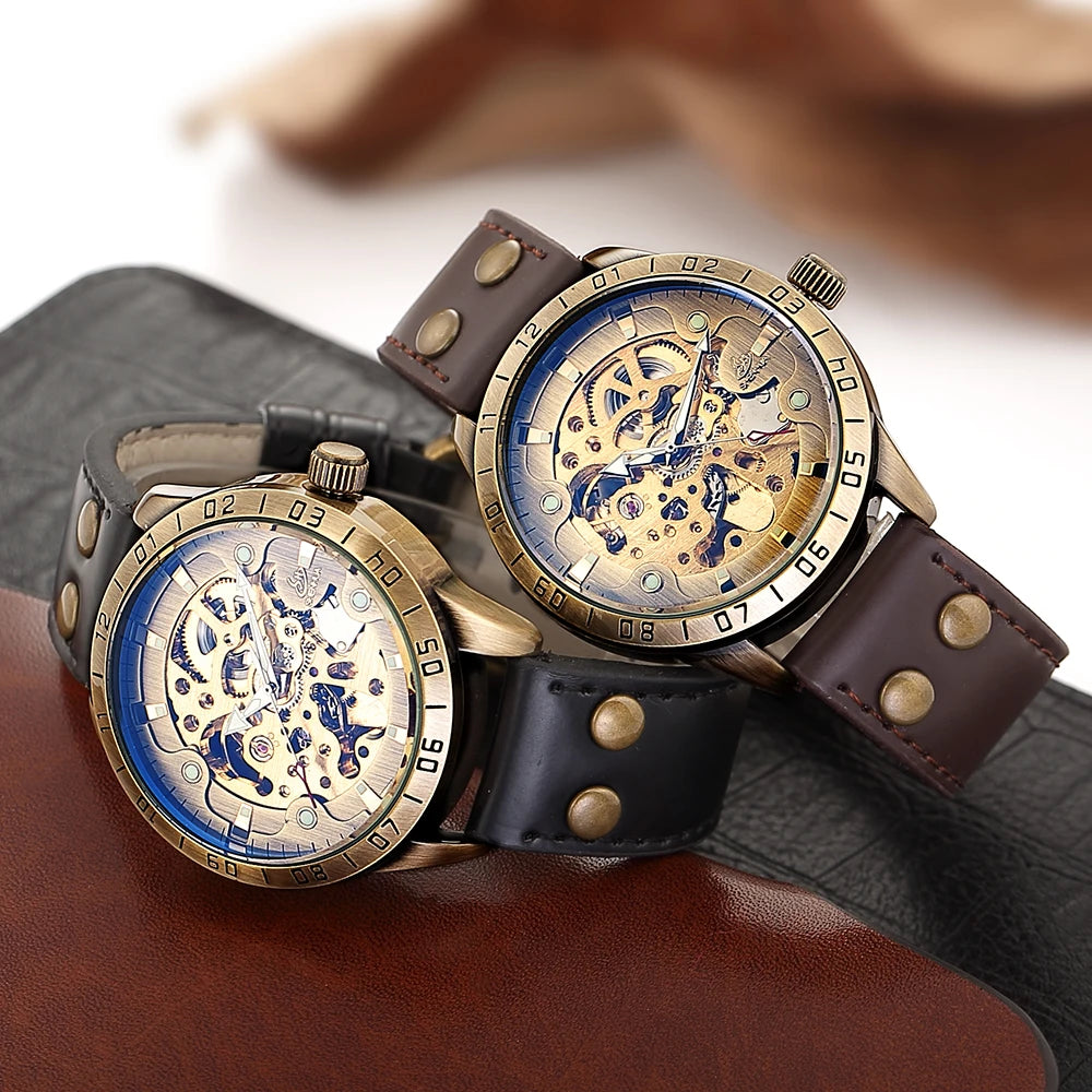 Retro Style Men Automatic Mechanical Watch Skeleton Steampunk Genuine Leather Band Mens Self Winding Wrist Watches Men Reloj