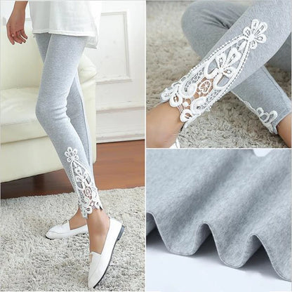 VISNXGI Triangle Hollow Lace Leggings Spandex Pants Knit Women Fitness Cotton Elastic Casual Black Splicing Hook Flower Bottom