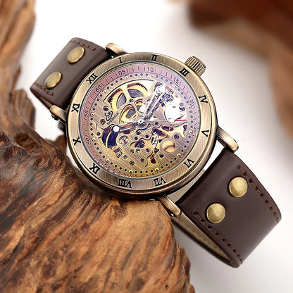 Retro Style Men Automatic Mechanical Watch Skeleton Steampunk Genuine Leather Band Mens Self Winding Wrist Watches Men Reloj