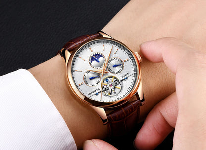 2024 LIGE Mens Watches Automatic Mechanical Watch Tourbillon Sport Clock Leather Casual Business Retro Wristwatch Relojes Hombre