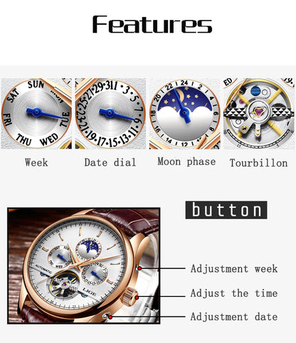 2024 LIGE Mens Watches Automatic Mechanical Watch Tourbillon Sport Clock Leather Casual Business Retro Wristwatch Relojes Hombre