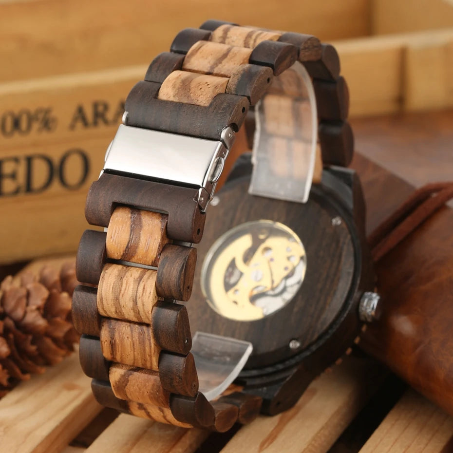 Top Brand Luxury Mens Watches Round Automatic Watch for Men Fashion Wood Clock Adjustable Wooden Bracelet Mechanical Wristwatch