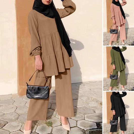 Women&#039;s Fashion Muslim Cap Suit Wide Leg Shirt And Pants Suit Elegant Solid Color OL Suit Autumn