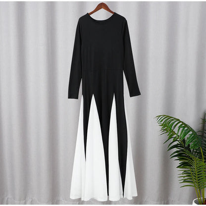 Elegant Contrasting Women Maxi Dress Fashion O-neck Long Sleeve Pleated Slim A-line Dresses Summer Lady Party Evening Robes 2024