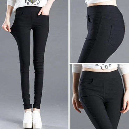 Office Lady Elastic High Waist Solid Color Trousers Summer Thin Female Clothing Casual Pockets Slim Nine Points Straight Pants