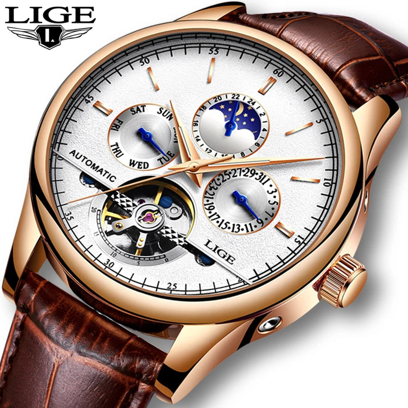 2024 LIGE Mens Watches Automatic Mechanical Watch Tourbillon Sport Clock Leather Casual Business Retro Wristwatch Relojes Hombre