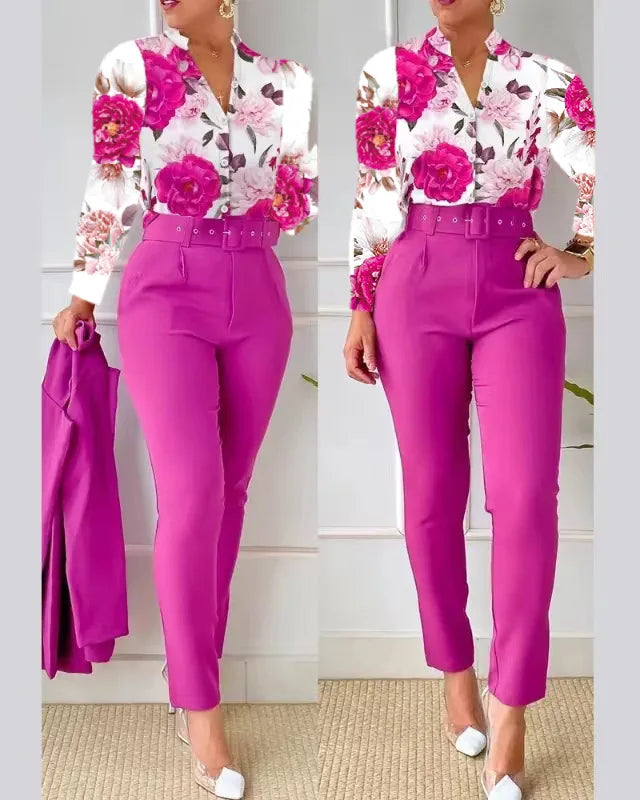 Elegant Women Shirt Two Piece Set Suits Fall New Fashion Print Long Sleeve Top Black Pants Set With Belt Blouses Female Clothing