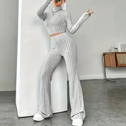 Beige Western Style Knitted Fashion Suit Women New Korean Split Black Sweaters Wide Leg Pants Lady Casual Two-piece Sets