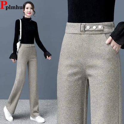 Women Casual Woolen Baggy Wide Leg Pants Korean Fashion Elastic High Waist Straight Pantalones Formal Loose Calcas Feminina 2024