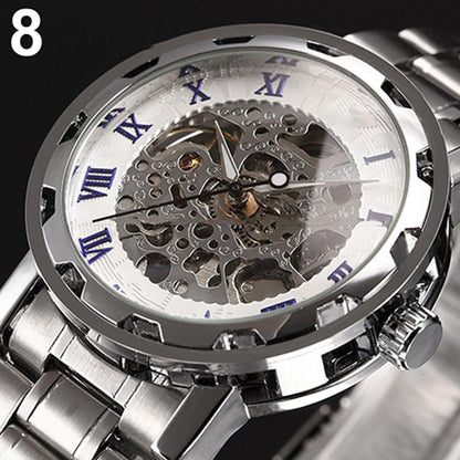 Men Skeleton Roman Numerals Hollow Dial Stainless Steel Band Mechanical Watch Hand-winding Vintage Roman Numeral Steampunk Watch