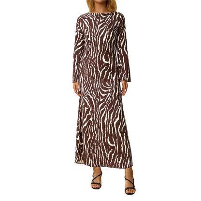 Women Leisure Style Zebra Print Long Dress Retro Casual Long Sleeve Flared Cuff Round Collar Slim Fit Summer Dresses Vintage 70s