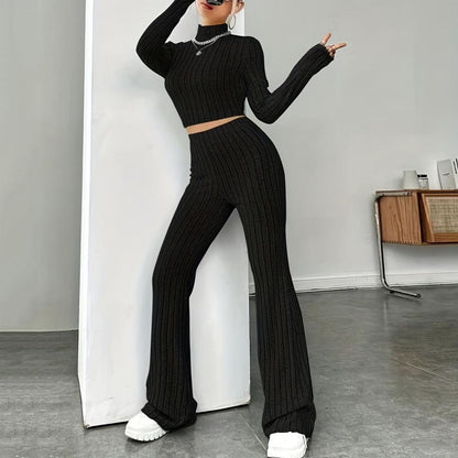 Beige Western Style Knitted Fashion Suit Women New Korean Split Black Sweaters Wide Leg Pants Lady Casual Two-piece Sets