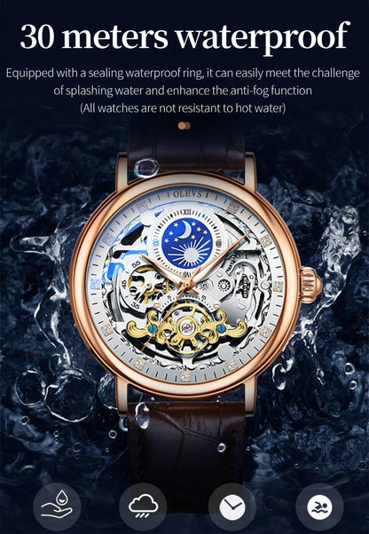 OLEVS Moon Phase Mechanical Watch Men with Dual Time Zone Display Waterproof Automatic Skeleton Mens Watches Top Brand Luxury