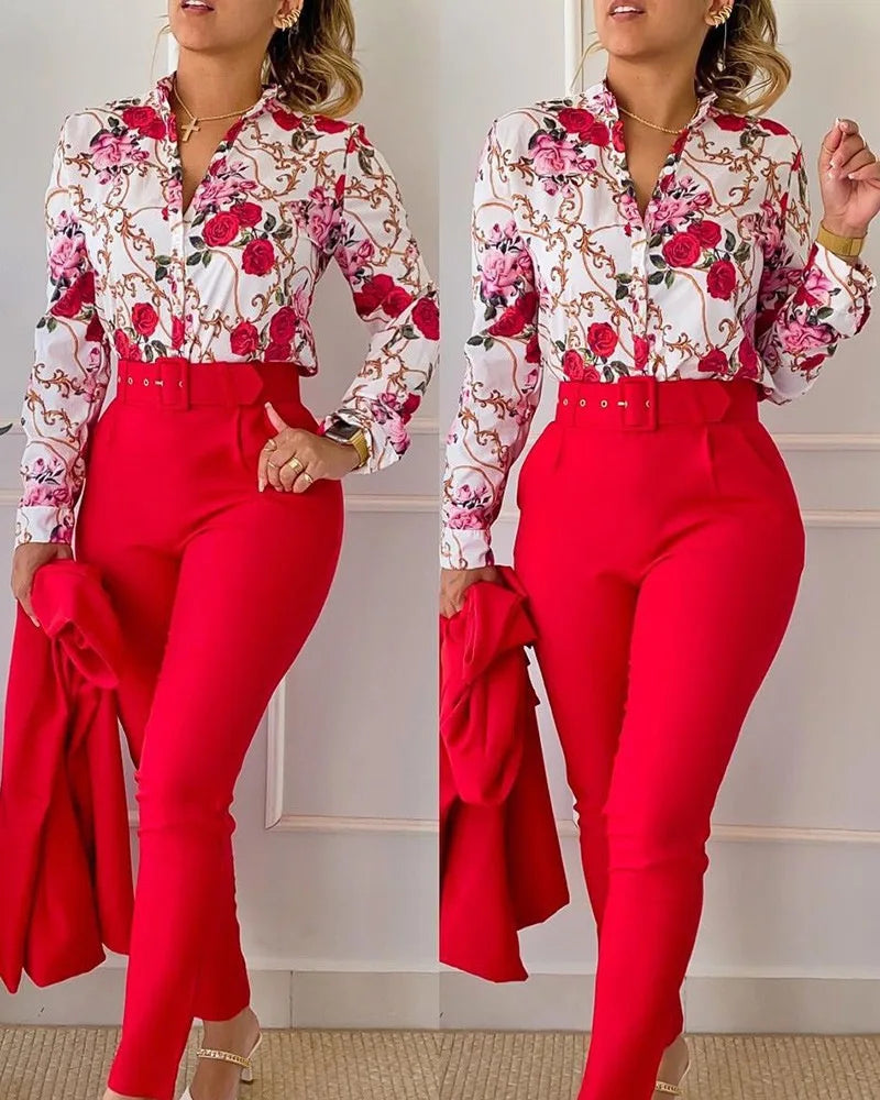 Elegant Women Shirt Two Piece Set Suits Fall New Fashion Print Long Sleeve Top Black Pants Set With Belt Blouses Female Clothing