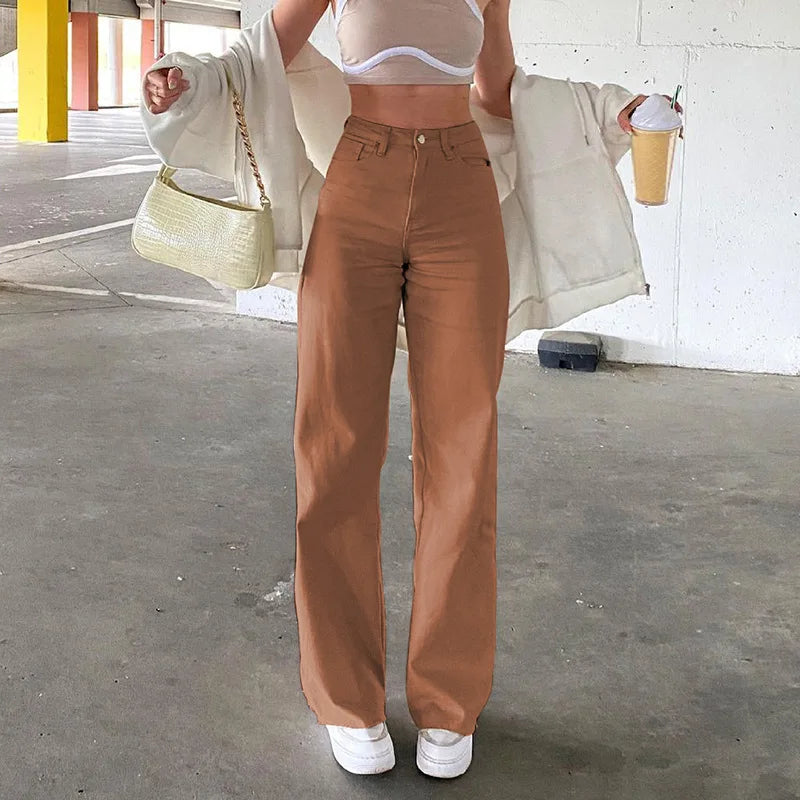 Women Jeans Straight Pants Solid Zipper High Waist Denim Ankle Length Loose Pockets Slight Strech Spring 2024 Streetwear